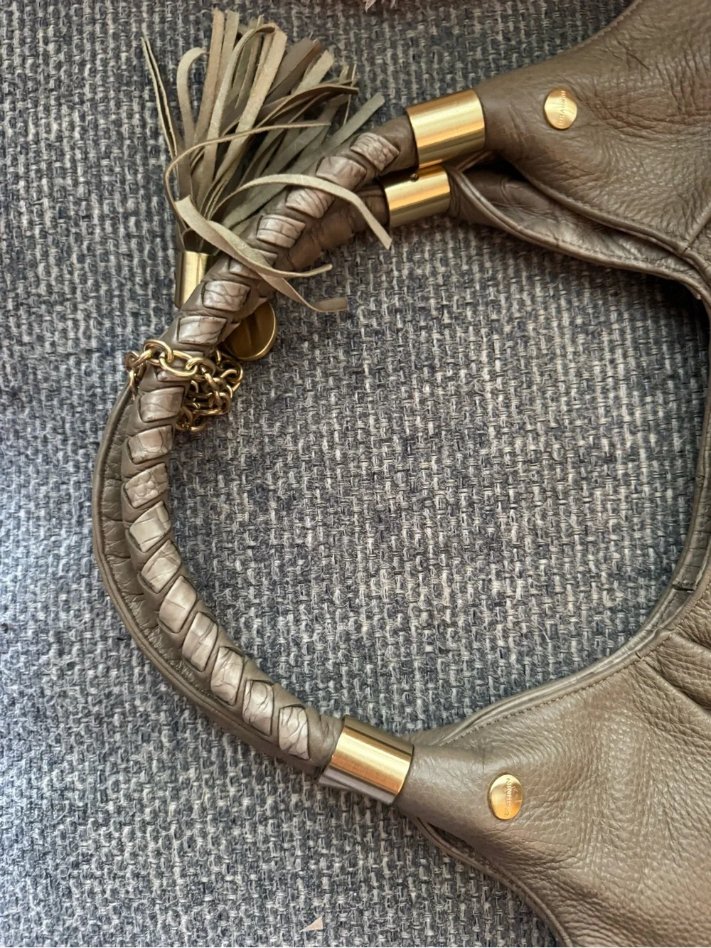 Brahmin Dreamweaver Taupe Leather Satchel with Woven Patchwork & Braided Accent